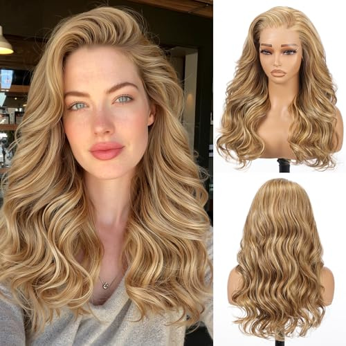 Allbell Honigblonde Perücke für Frauen, 22 Zoll lange lockige Perücke mit Vorhangpony, 13x6 Lace Front Perücke für den täglichen Gebrauch