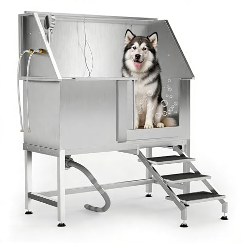 GarveeTech 50 inch Stainless Steel Professional Dog Washing Station - Pet Bathing Tub w/Non-Slip Stairs | Slip-Resistant Floor Grate | for Large/Medium/Small Dogs