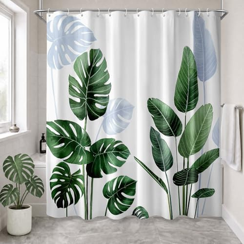 NDDYCU Duschvorhang 180x200 Grün Pflanzen Wasserdicht für Badewanne | Tropische Blätter, Wasserabweisende Beschichtung, 150GMS Gewichteter Polyester, Gewicht Saum, 12 Haken