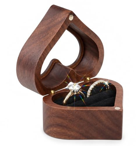 Herzförmige Ringbox Holz Ringschatulle, Ringbox Verlobung mit 2 Slots | Ringboxs Walnussholz, Ringbox Schwarz Samt, Schmuckkästchen Soft Innenfutter für Heiratsanträge, Hochzeiten Verlobungen