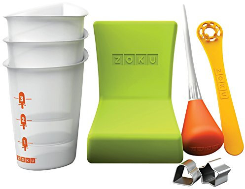 Zoku ZK103 Set d'Accessoires 3 Gobelets Doseurs + 1 Pochoir Étoile + 1 Pochoir Coeur + 1 Poire À Jus + 1 Ustensile + 1 Livret Mode d'Emploi