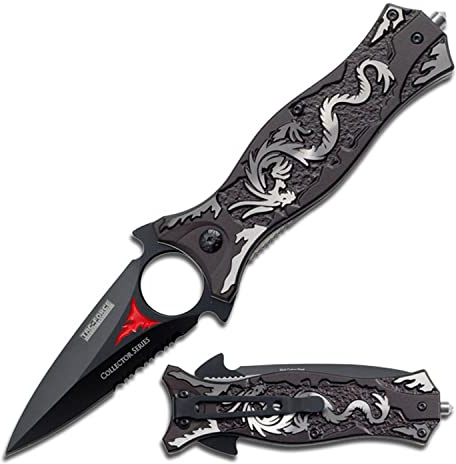 Tac-Force- Folding Pocket Knife – Black Partially Serrated Blade, Black Aluminum Handle w/Grey Dragon Design, Glass Punch and Pocket Clip, Tactical, EDC, Rescue - TF-707GY