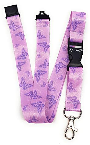 Spirius - Correa de cuello para tarjetas de identificación y llaves, diseño de mariposas, color morado