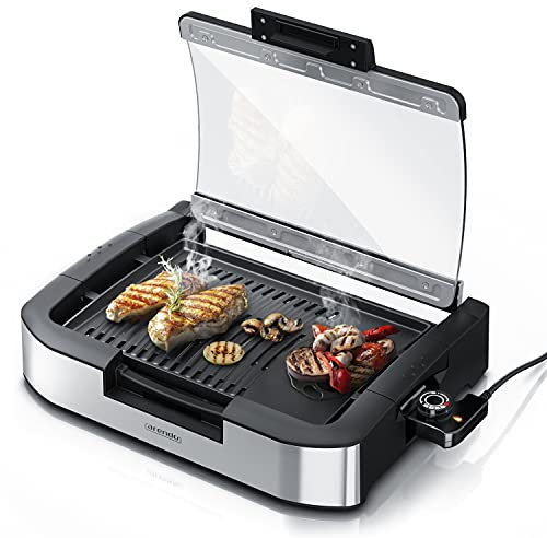 Arendo - Gourmet Tischgrill Elektrogrill - 1650 W - mit Glasabdeckung - für Balkon Garten Indoor - Antihaftbeschichtung - Temperaturregelung mit 5 Stufen - GS-zertifiziert