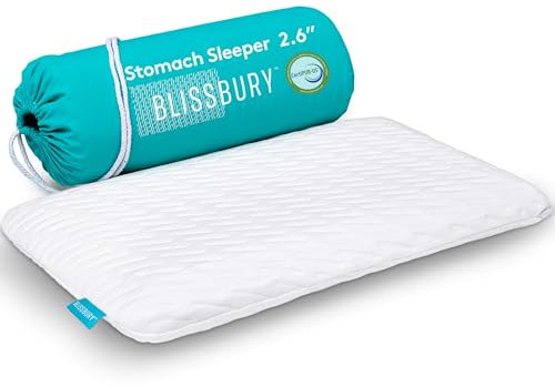 BLISSBURY Dünnes 6,6 cm Bauchschläferkissen aus MemorySchaum Schlankes, flaches Kühlendes Schlafen für Bauch oder Rücken mit weichem Bambus waschbarer Bezug Nacken und Kopfstütze für Damen und
