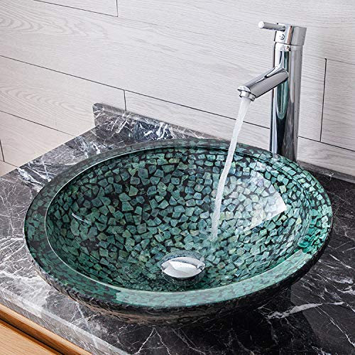 XMZFQ Badezimmer Vanity Sink Round 19mm verdickte gehärtetes Glas Becken über Gegenwaschschüssel mit Pop-up Abfluss und Montage Ringn