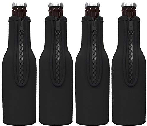 TahoeBay Beer Bottle Insulator Sleeves (Black) Neoprene Coolers with Zipper for 12oz Longneck Bottles (4)