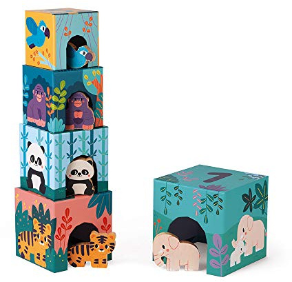 Janod - Piramide Baby in Cartone e Personaggi in Legno Animali - Giocattolo Educativo Prima Infanzia - Osservazione e Coordinamento - Collaborazione WWF - Certificato FSC - da 1 Anno in su, J08623