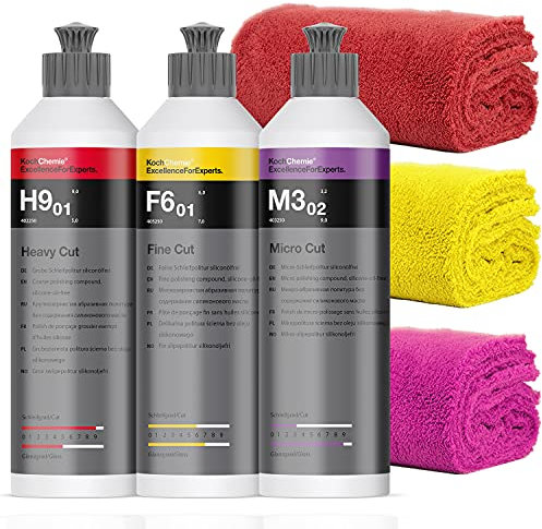 Koch Chemie Politur Set: Heavy H9.02 + Micro Cut M3.02 + Fine Cut F6.01 + 3 detailmate Mikrofasertücher, 40x40cm, 550GSM