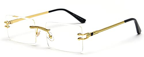 LIGOES Lunettes de soleil rectangulaires sans monture avec verres miroir vert bleu, lunettes de soleil UV400 rétro pour femmes, teintées pour hommes (Or avec transparent)