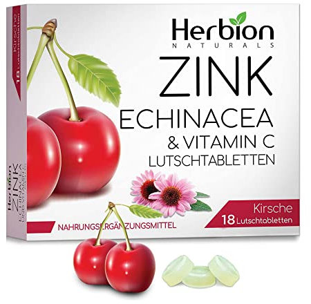 Herbion Naturals Zink, Echinacea & Vitamin C Lutschtabletten mit natürlichem Kirschgeschmack - 18 CT - Nahrungsergänzungsmittel - Fördert die allgemeine Gesundheit für Erwachsene und Kinder 5+
