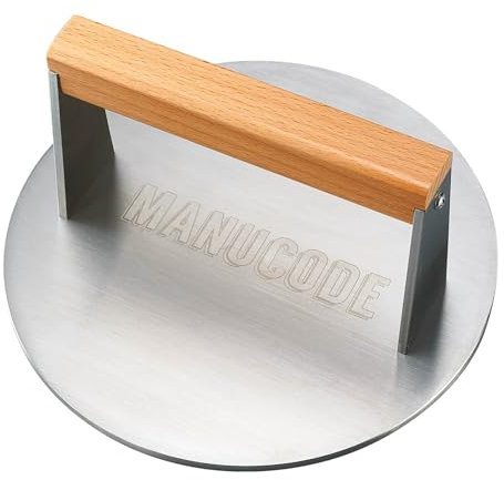 Manucode Grill Gewicht aus 304 Edelstahl – Smash Burgerpresse (1,42 kg Ø 20.5 cm) mit Hitzeabweisendem Holzgriff, für Schnelle Kruste auf Burgern & Steaks