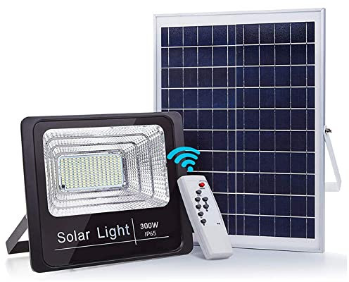 Foco Solar LED 300W con Panel Solar, Focos solares exterior regulable y Control Remoto, Autonomía de más de 10H, Luz Blanca para Iluminación Exterior en Jardines