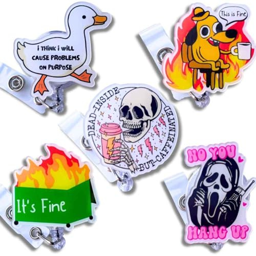 5 PC Badge Reel Holder Retractable with ID Clip for Nurse Nursing Name Tag Card Cute Funny This is Fine Fire Nursing Student Teacher Doctor RN LPN Medical Assistant Work Office Supplies