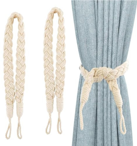 IVANY 2Pcs Curtain Rope Tiebacks,Soft Hand-Woven Holdbacks,Elegant Boho Style Decorative Drape Tie Backs,Curtain Buckle Cord Window Ties for Home & Office Drapery Decor(Beige)