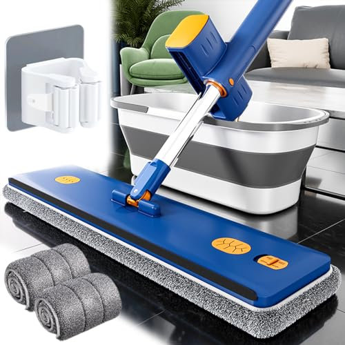 Ciobooo Wischmop, 2024 Neue Putzeimer mit Große Wischmop, 360° Drehbarer Mikrofaser mit Selbstwringer Eigenständiger Entwässerungsschaber Mopp (Blau, 2 Stück Lappen + Falteimer)