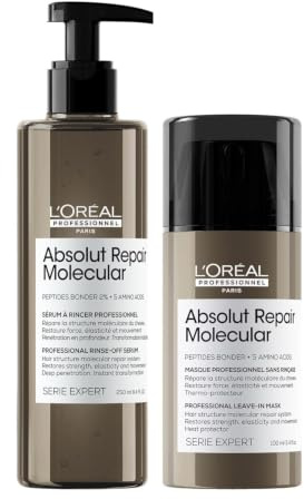 L'Oréal Professionnel Treatment-Set für strukturgeschädigtes Haar, Zur molekularen Tiefenreparatur, Mit Peptidbondern und Aminosäuren, Serie Expert, Absolut Repair Molecular Rinse-Off Serum & Leave-in