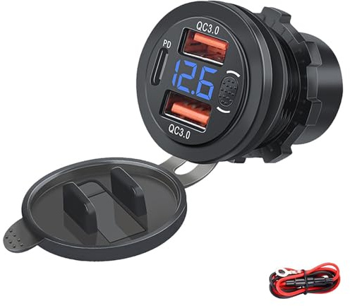 Intckwan 12v USB Steckdose, 66W, PD und QC3.0 Motorrad USB Steckdose Wasserdicht, USB Einbaubuchse mit Schalter und Blau Spannungsanzeige, USB Buchse Einbau für 12-24v Kfz Boot LKW Wohnwagen (1PD+2QC)