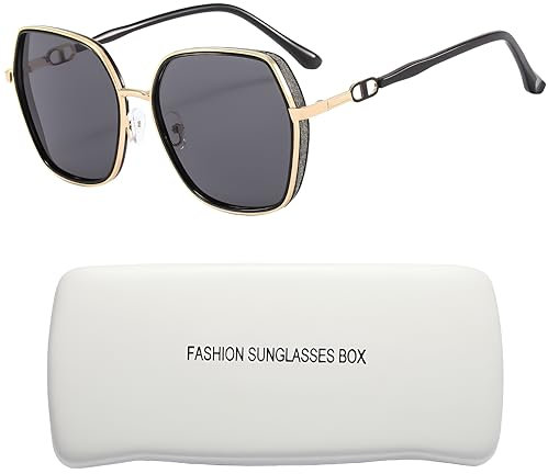 YAVO-EU Sonnenbrille Damen Polarisiert UV 400 Vintage Polarisierte Damen Sonnenbrille Oversize Sonnenbrille Frauen für Reisen Fahren und Angeln (Black gold frame/black gray lens)