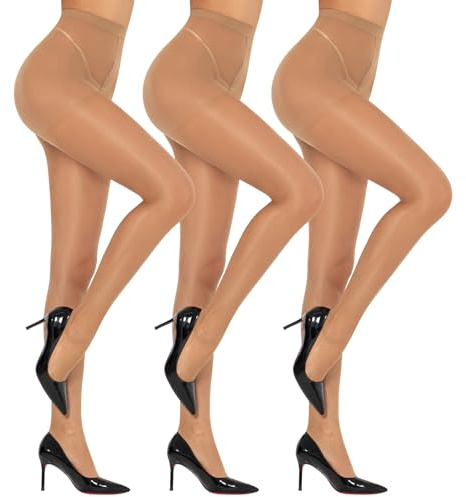 MANZI 3 Pairs Women's Ultra Sheer Silky High Waist Tights Control Top Transparent Glossy Pantyhose with Reinforced Toes Natural Medium