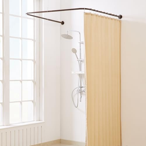 Yampos Bastone Tenda Doccia a Forma di U, [Entrambi i lati: 60 cm - 132 cm, Medio: 76,2 cm - 116,8 cm] Barra Doccia Angolare Regolabile per il Bagno con 12 Ganci e Supporto per Soffitto