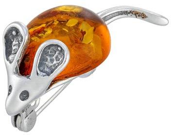 AMBEDORA Damen Silberne Brosche Maus mit Bernstein, Poliertes Sterling Silber, Baltischer Bernstein in Cognac Farbe