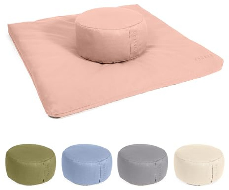 Vedara® Meditationsset Yogakissen Meditationsmatte Zabuton Kissen Rund – Waschbarer Bezug aus 100% robuster Baumwolle – Yoga Sitzkissen mit Bio-Dinkelspelzfüllung – Sitzhöhe 15cm