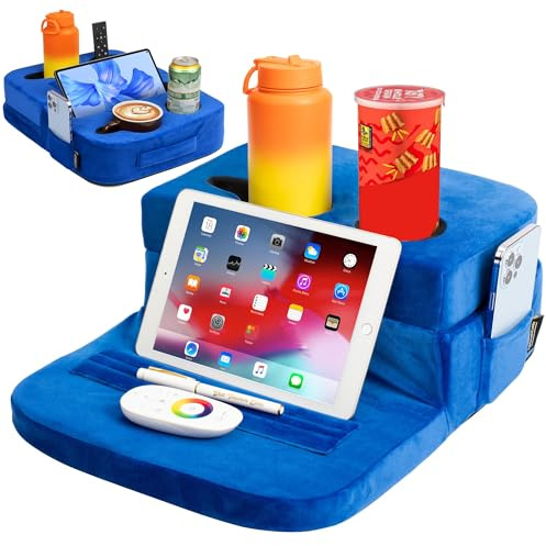 TabCouchCaddy - Couch Cup Holder Tray Pillow - Bed, Couch Caddy, Sofa, RV & Car - Holds Drinks, Snacks, Remotes, Phones, Kindle, Tablet | Bed Cup Holder (Blue)