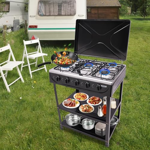 Portable Gas Stove Aluminium Camping Gaskocher für Gasflasche, Tragbarer Outdoor Campingkocher 5 Flammig Gasherd mit Deckel, Auto-Zündtaste & Abnehmbare Halterung (Schwarz)