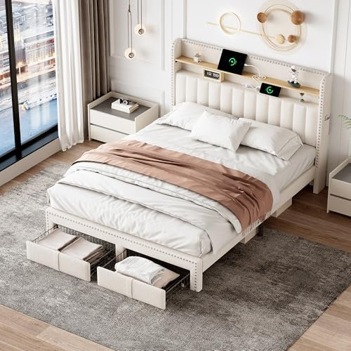 Jtyca Double Bed, Upholstered Double Bed Frame Frame with Storage Drawers, Linen Platform Bed Frame with Charging-Port and LED-Lighting, No Box Spring Needed, 4FT6-135 x 190 cm, Beige, (No Mattress)