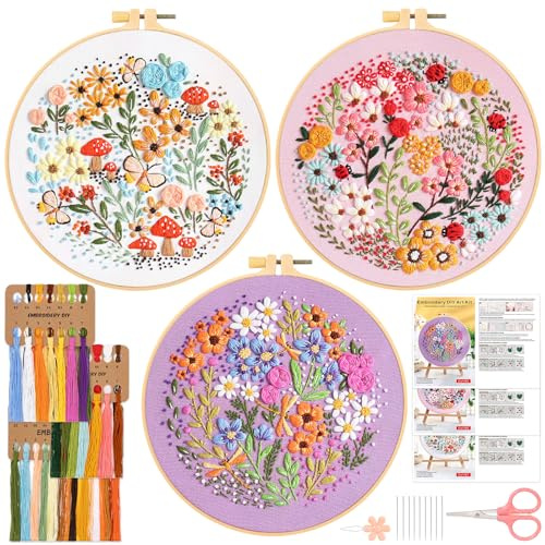JSRQT 3 Kits de Bordado para Principiantes Adultos Kit de Inicio de Bordado Manualidades Bricolaje Kits Punto de Cruz Completo Embroidery Kit Arte del Bordado con Instrucciones de Flores Patrón