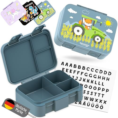 BEARFOOT Bento Box COMPACT | BPA-freie Kinder Brotdose für Schule & Kindergarten | Auslaufsichere Lunchbox für Mädchen & Jungen | Praktisch, leicht & kompakt (Traktor-blau, 650ml)