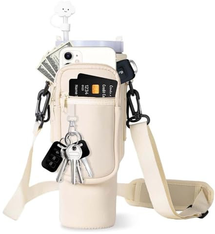 Bolsa para Stanley Cup 40oz,Botella De Agua Bolsa De Transporte con Compartimento para Teléfono Móvil, Correa De Hombro Ajustable, Mosquetón Y Llavero para Practicar Senderismo Viajar Acampar (Beige)
