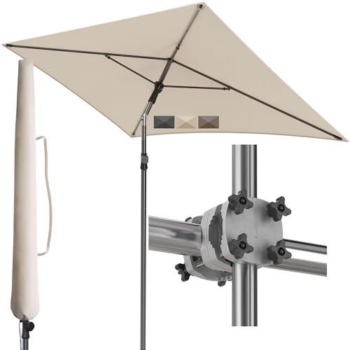Menz Sonnenschirm Balkon - 3-IN-1 Sonnenschutz Balkon SET in Beige, UPF 50+ Sonnenschirm rechteckig 200 x 125cm + stabiler Sonnenschirmhalter Balkongeländer + Sonnenschirmhülle