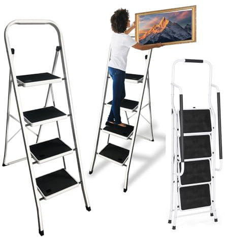 Trittleiter 4-Stufen- Klappleiter mit Anti-Rutsch und breitem Pedal Multifunktionale Tritthocker Einfach zu Verstauen bis 150kg Belastbar Stehleiter für Küchen Haus Außen Erwachsende