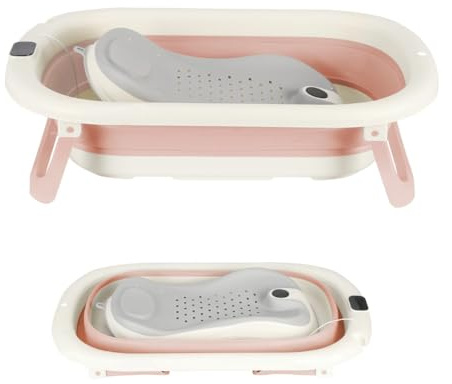OHMG Baignoire Bebe, Baignoire Pliable Bébé,Baignoire Bébé Avec Thermometre Digital,Coussin De Bain, Baignoire Bebe Pliable,Compacte Portable Avec Plateau De Rangement (A-Rose-43 * 71 * 18.5cm)