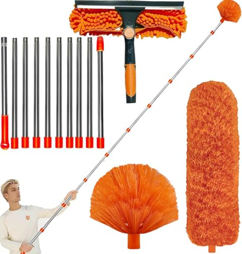 Kit de dépoussiérage Haute portée de de 6m avec Perche d'extension de 1.5 à 4.9m Kit de Nettoyage de vitres 2 en 1 Plumeau pour Plafond Haut Plumeau en Microfibre à Toile d'araignée