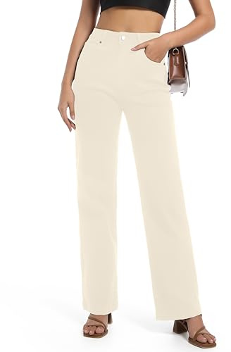 Guaile Jeans da Donna a Vita Alta, Gamba Dritta, Elasticizzati, alla Moda, Gamba Larga, Controllo della Pancia, Pantaloni Casual in Denim Larghi, Beige, 42