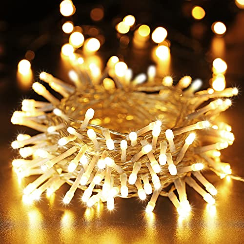 PhilzOps Guirlande Lumineuse de Noël, 20M 200 LED Lumières Intérieure et Extérieure 8 Modes Etanche Guirlande Sapin de Noel Piles pour Jardin Arbre Fête Maison Mariage, Câble Transparent, Blanc Chaud