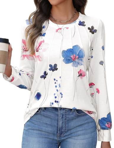 PASUDA Chemisier Femme Manches Longues Tops Chic et Élégant T Shirts Col Rond Pullover Hauts Casual Chemisier Coton Tunique Imprimé Tee Blouse