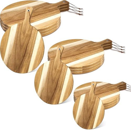 9er Set Akazienholz Runde Servierbretter mit Griff, 3 Größen Holz Schneidebretter, Kuchen Holzbretter Hackbretter Küchenbrett Charcuterie Brett Paddle für Brot Käse Pizza Fleisch Obst Gemüse