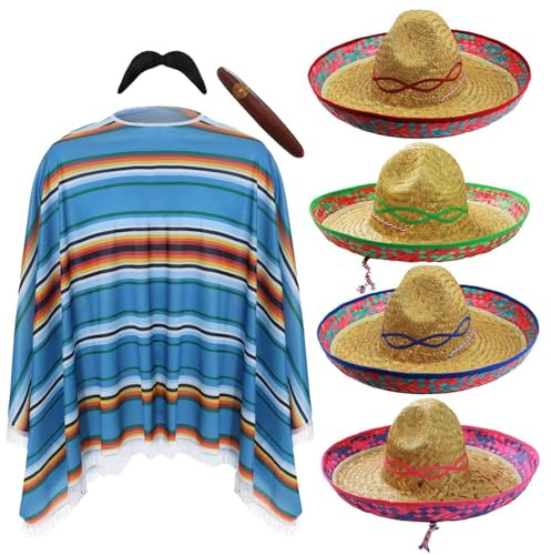 Unisex Mexican Poncho & Blue Sombrero Hat Costume Set – Multicoloured Poncho, Straw Fiesta Hat, Fake Moustache & Cigar – Funny Fancy Dress for Festivals, Parties, Fiestas & Stag Dos