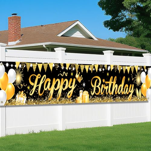 Geburtstag Deko Banner, Schwarz Gold Happy Birthday Banner Groß, Geburtstag Hintergrund Party Deko, Geburtstagsfeier Dekorationen Banner, Extra Große Stoff Schild Poster 270 * 40cm