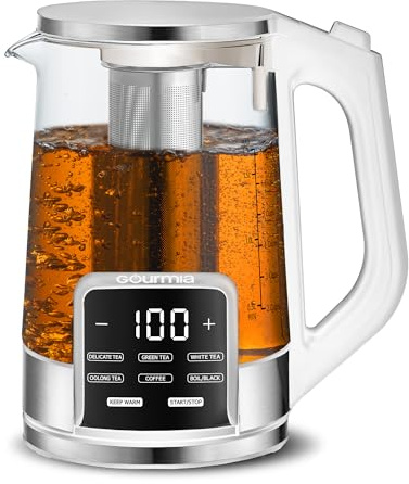 Gourmia Electric Glass Kettle – 1.7L Programmable Tea & Coffee Brewer with Digital Touch Display, 6 Presets, Removable Stainless Steel Infuser, Cordless with 360° Swivel Base, White