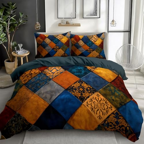 Quixora Double Duvet Cover Set Patchwork Gorgeous Ethnic Prints Colorful 3 Pieces Bed Set Brushed Bedding Set Soft Anti Allergic Breathable Non Iron Quilt Cover with Zipper Closure