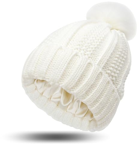 GWAWG Berretto invernale foderato in raso, caldo berretto con pompon, cappello lavorato a maglia con pompon in pelliccia sintetica, per donne e ragazze, bianco, Taglia unica