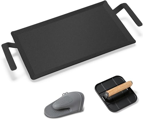 Premium Carbon Steel Griddle Comes with Grill Press, Large Non-Toxic Stovetop Flat Top Pan for Gas, Electric Range, Induction, Grill & Campfire, Pre-seasoned Nitride Coating, Oven Safe to 1200°F