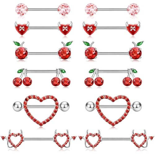 Gubilacrum 12 Pcs Nipple Bars with Red Crystal Heart Cherry Design, 6 Pairs Fashion Tongue Bars for Devil Accessories, Personalized Body Piercing Jewellery for Men Women Nipple Tongue Ear