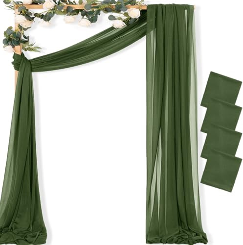 MLMC Olive Green Wedding Arch Draping Fabric 4 Panels 29 x 20 FT Extra Long Gauze Drapes Sheer Backdrop Curtains 6.6 Yards Outdoor Drapery Panels for Wedding Ceremony Party Ceiling Decoration