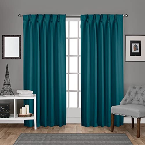 EXCLUSIVE HOME Sateen Twill Woven Room Darkening Blackout Pinch Pleat/Hidden Tab Top Curtain Panel Pair, 84 Length, Teal